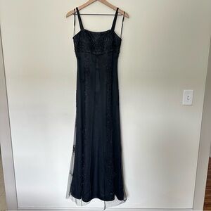 Vintage Y2K CACHE Elegant Black Beaded Formal Sheer Overlay Dress with Shawl